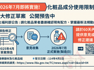 預告修正「化粧品成分使用限制表」草案| 發布日期：2025-04-01　| 更新日期：2025-04-02 發布單位：醫療器材及化粧品組