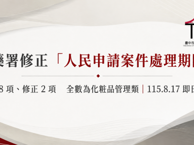 【轉知事項】主管機關公告：修正「衛生福利部食品藥物管理署人民申請案件處理期限表」並自即日生效（新增 8 項、修正 2 項全數為化粧品管理類）